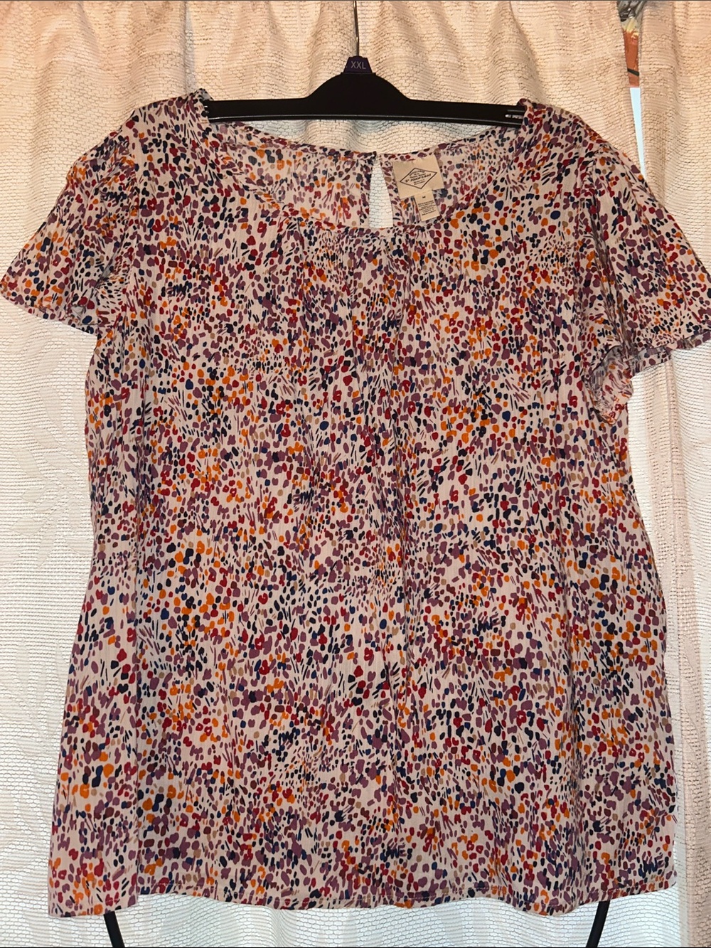 St. John's Bay White Short-Sleeve Blouse with Multi-Colored Dot Print